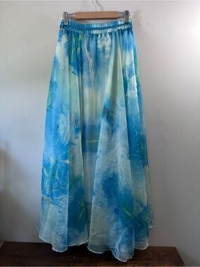 Afibi Watercolor Floral Chiffon Maxi Skirt Blue Green Flowy Lined Elastic Waist